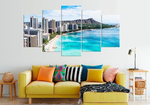 Waikiki Beach Hawaii Honolulu Oahu Island Buildings Cityscape Skyline – Nature Canvas Wall Art