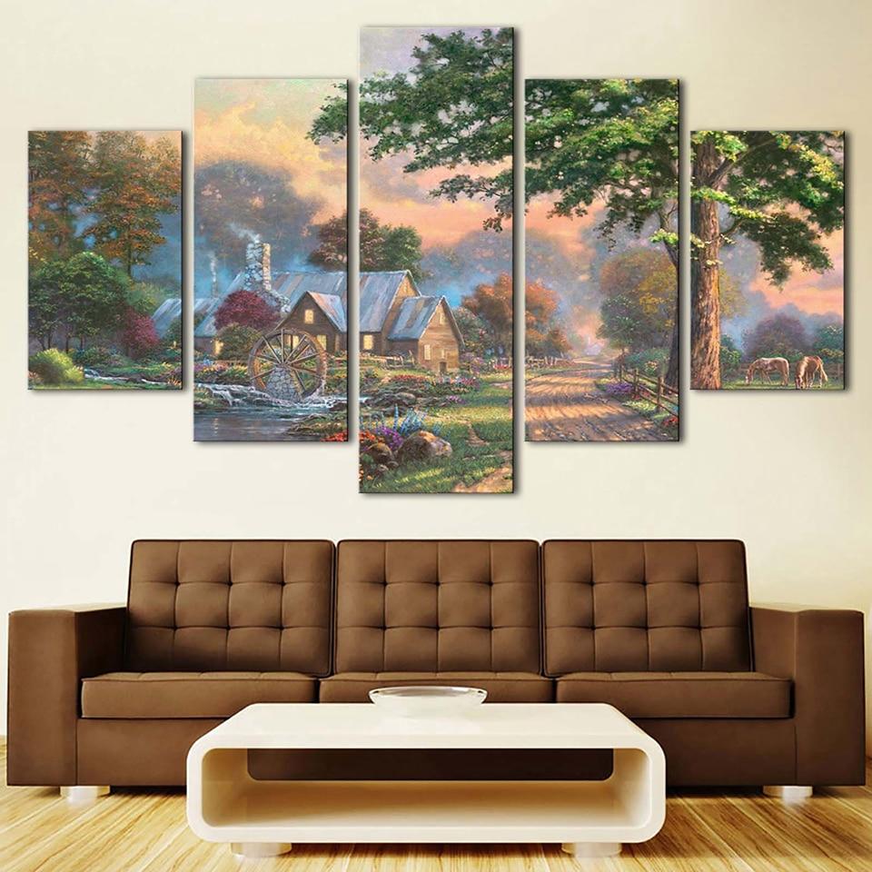 Water Turns Windmills House Trees – Nature Canvas Wall Art