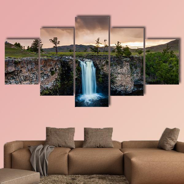 Waterfall And Beautiful Sky In Mongolia – Nature Canvas Wall Art