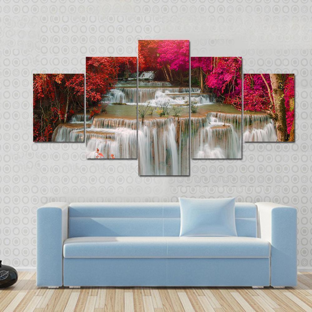 Waterfall And Red Trees – Nature Canvas Wall Art