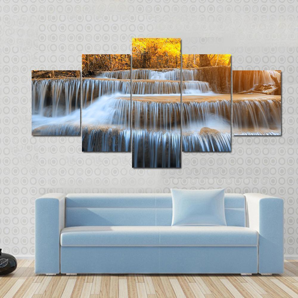 Waterfall In Yellow Forest – Nature Canvas Wall Art