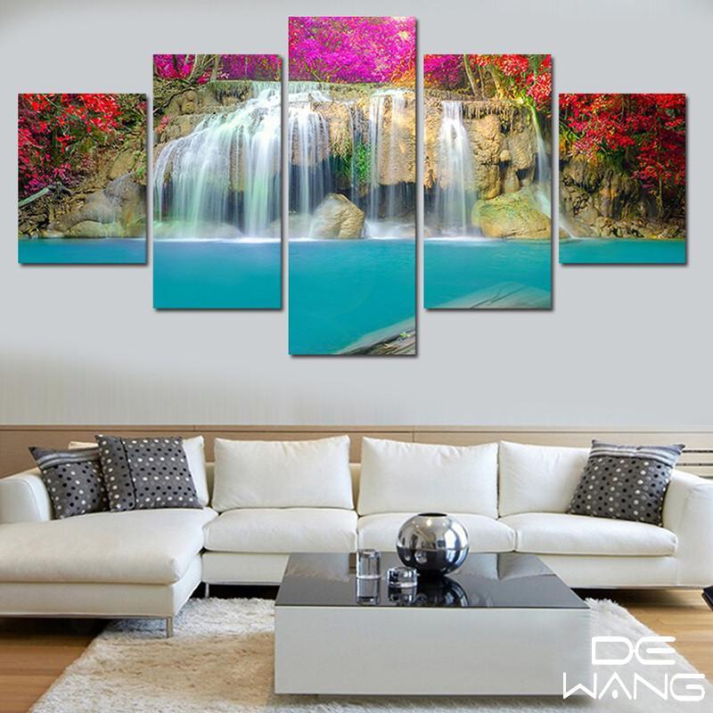 Waterfall Under Red Flowers- Nature Canvas Wall Art