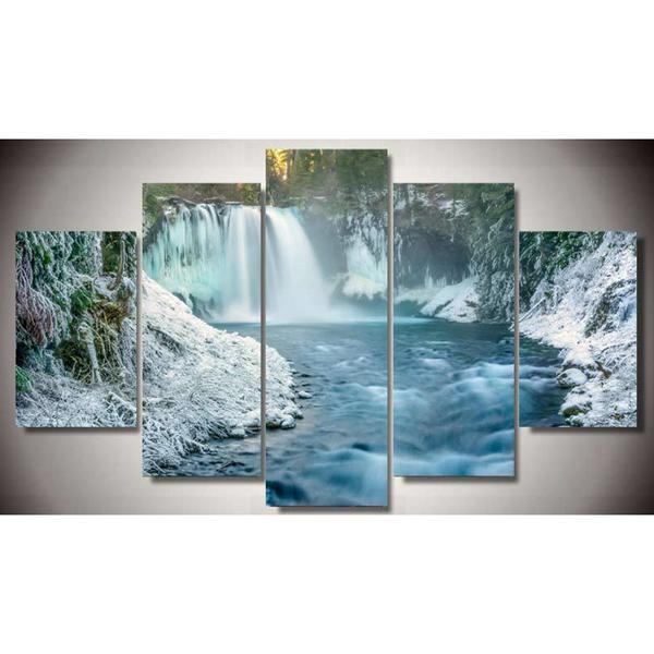 Waterfall Winter Snow Scene – Nature Canvas Wall Art