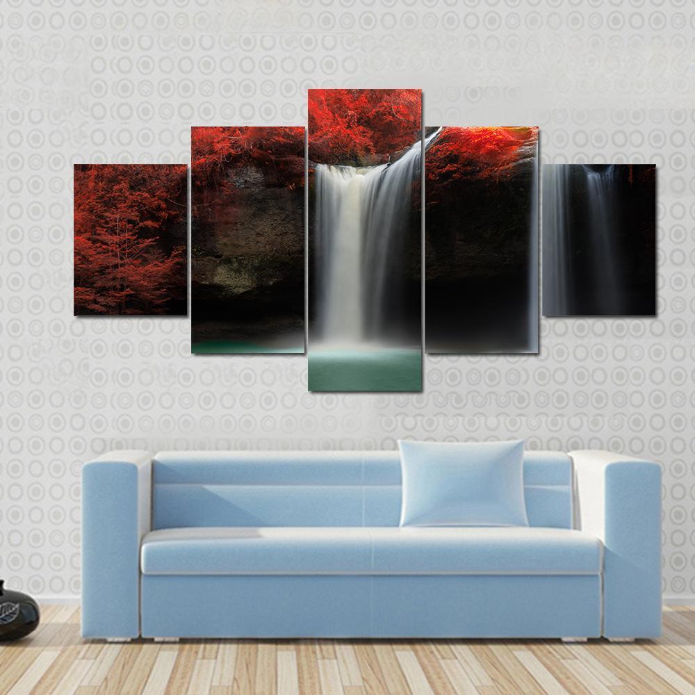 Waterfall With Red Trees – Nature Canvas Wall Art