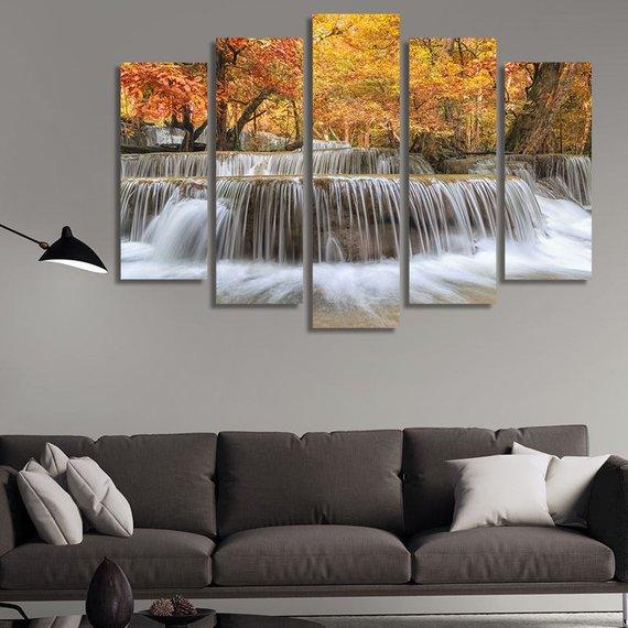 Waterfalls And Red Leaves – Nature Canvas Wall Art