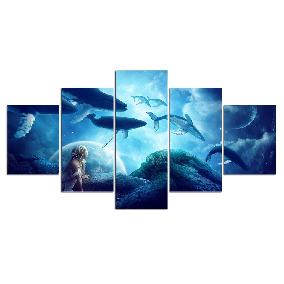 Whale Planet Clouds Water Blue – Animal Canvas Wall Art