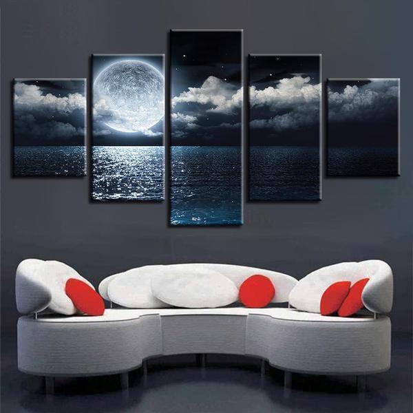 White Clouds Big Bright Moon In Ocean – Nature Canvas Wall Art