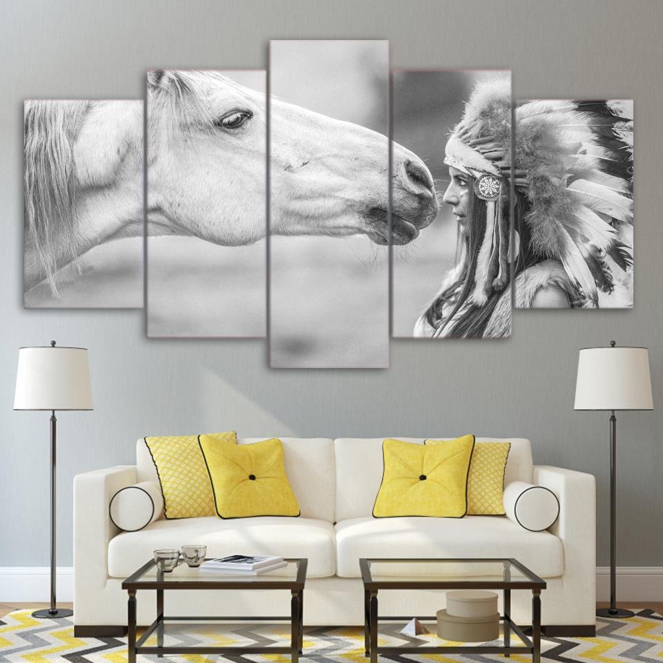 White Horse And Indians – Animal Canvas Wall Art