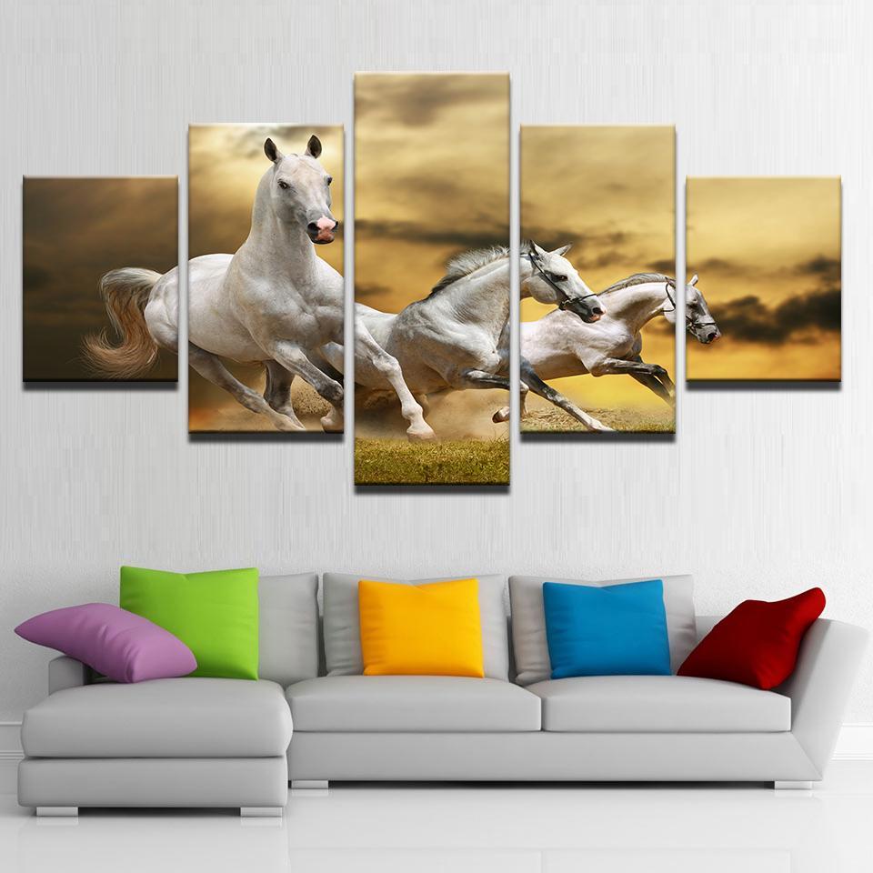 White Horses Running In The Grassland – Animal Canvas Wall Art