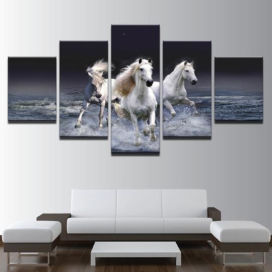 White Horses Running In Water – Animal Canvas Wall Art