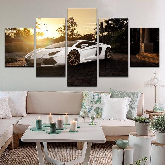 White Lamborghini By The Sunset – Automative Canvas Wall Art