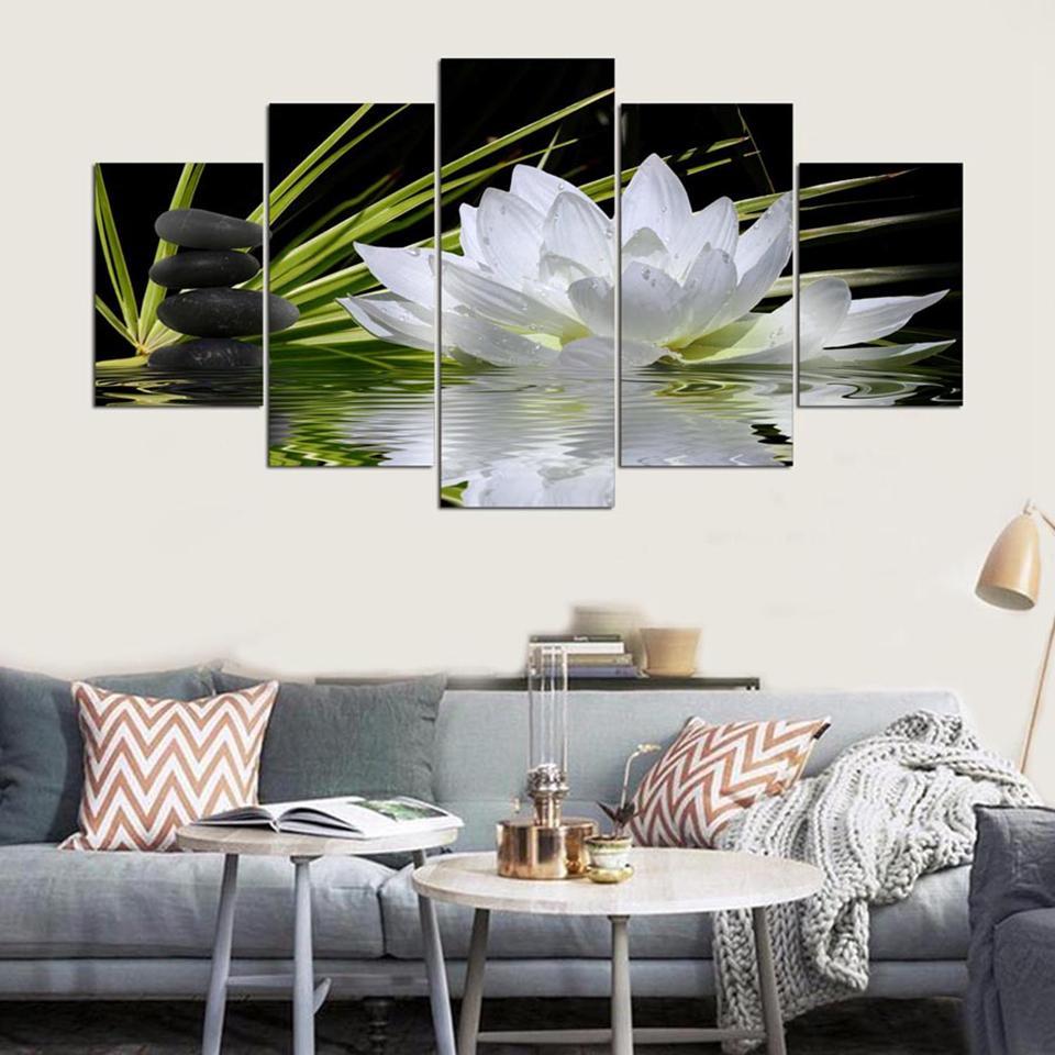 White Lotus Stones Flowers Lake Water – Nature Canvas Wall Art
