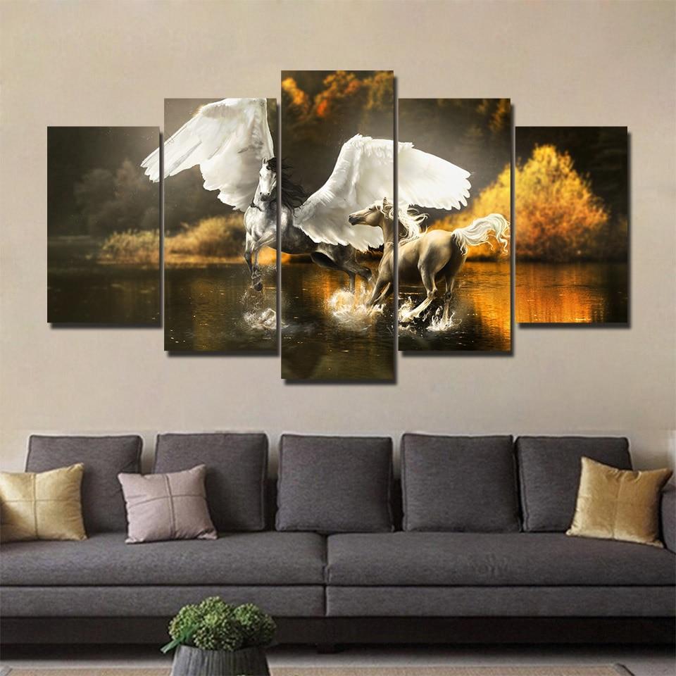 White Winged Horses On The Sea – Animal Canvas Wall Art