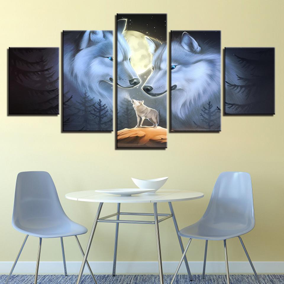 White Wolf Couple Moon – Abstract Animal Canvas Wall Art
