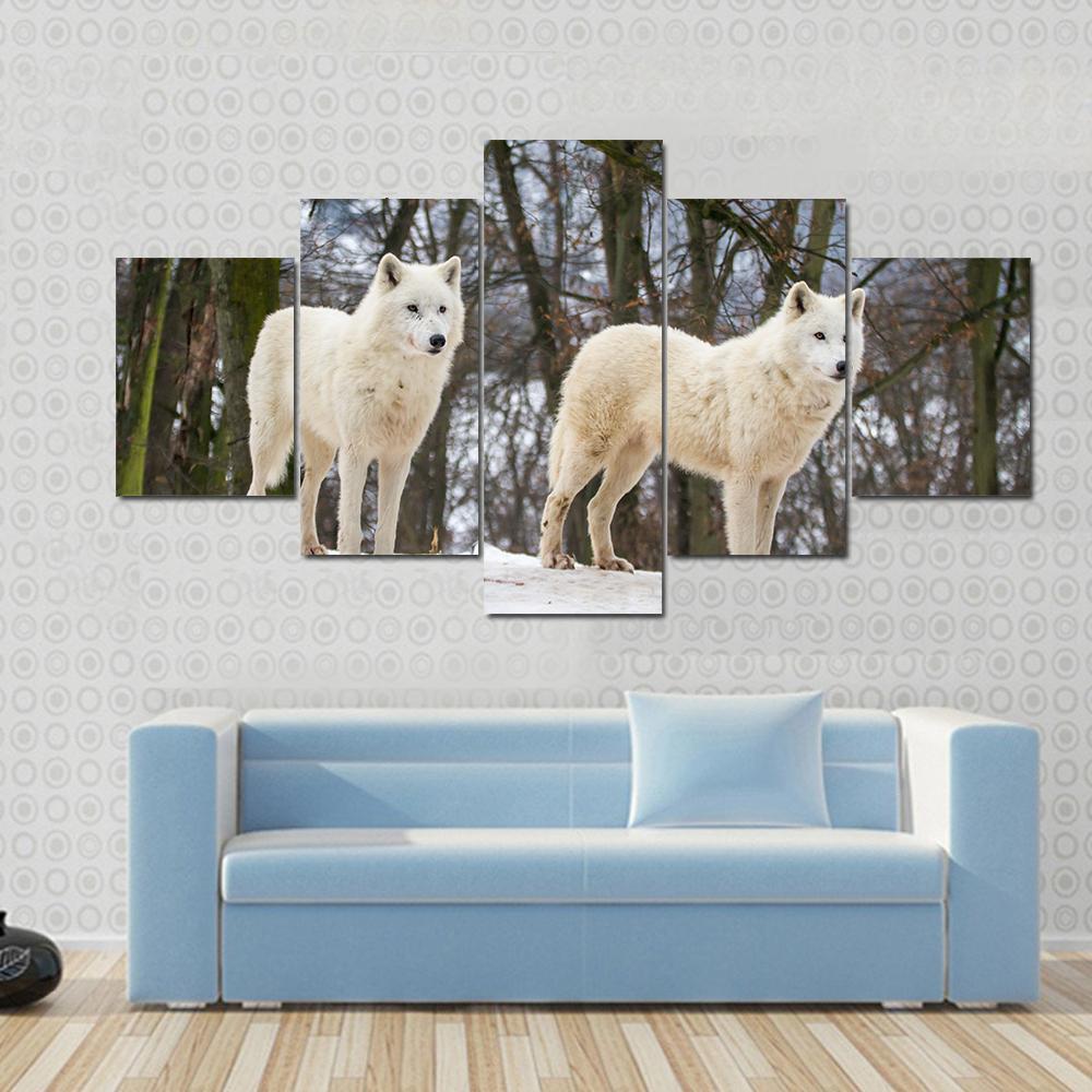 White Wolves Couple In Snow – Animal Canvas Wall Art