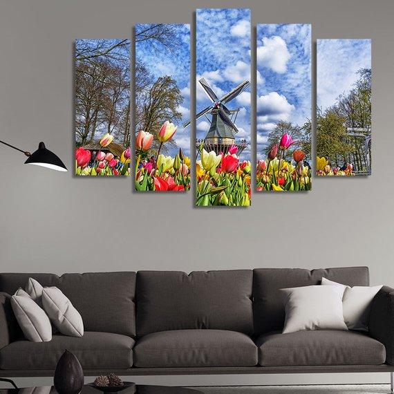 Wind Turbines And Flowers – Nature Canvas Wall Art
