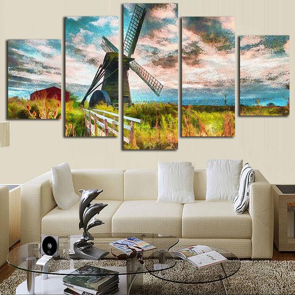Windmill Farm Island Landscape Scene – Nature Canvas Wall Art