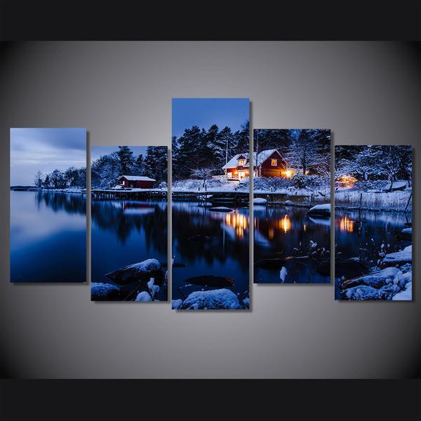 Winter Snow Lake Scene Cabin Forest Trees – Nature Canvas Wall Art