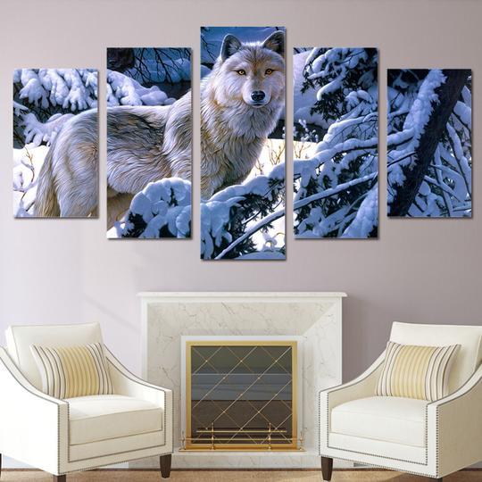 Wolf In Snowy Forest Painting – Animal Canvas Wall Art