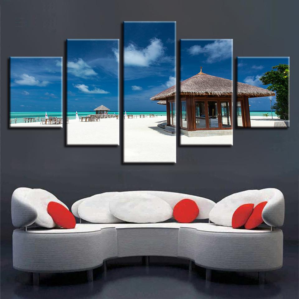 Wood Pavilion And Beach Blue Sky White Cloud – Nature Canvas Wall Art