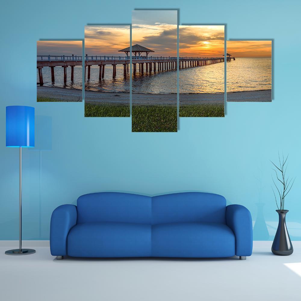 Wooden Bridge Laying To The Sea At Sunset – Nature Canvas Wall Art