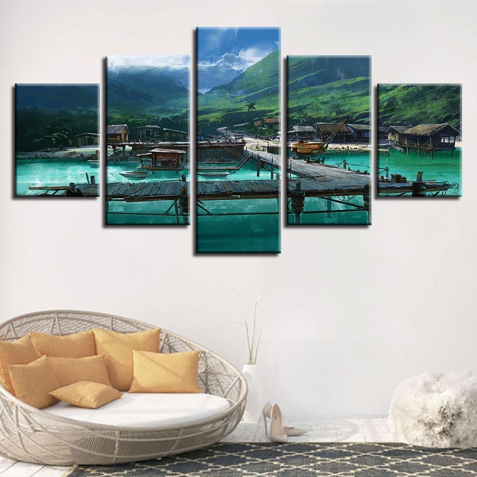 Wooden Bridge Retro House And Mountains – Nature Canvas Wall Art