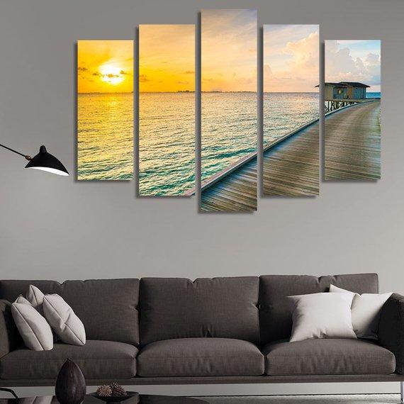 Wooden Pier In The Sea At Sunset – Space Canvas Wall Art