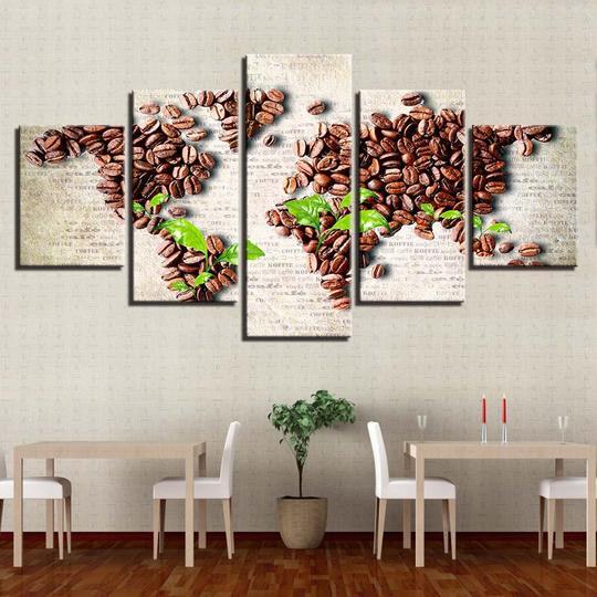 World Map In Coffee Beans And Leaves – Nature Canvas Wall Art