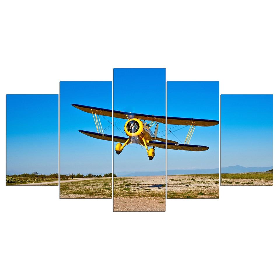 Yellow Aircraft Blue Sky – Aircraft Canvas Wall Art