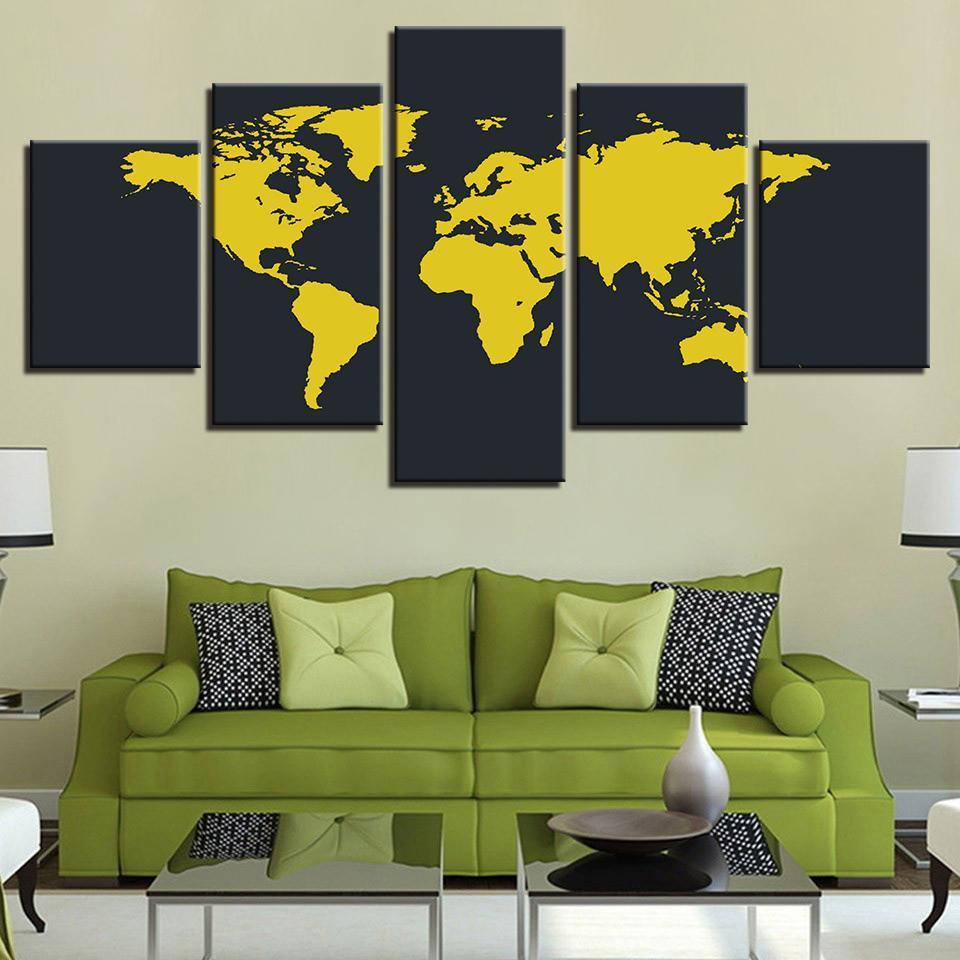 Yellow And Black World Map – Abstract Canvas Wall Art