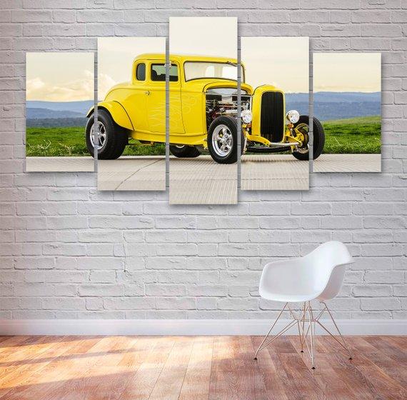 Yellow Hotrod Classic Car – Automative Canvas Wall Art