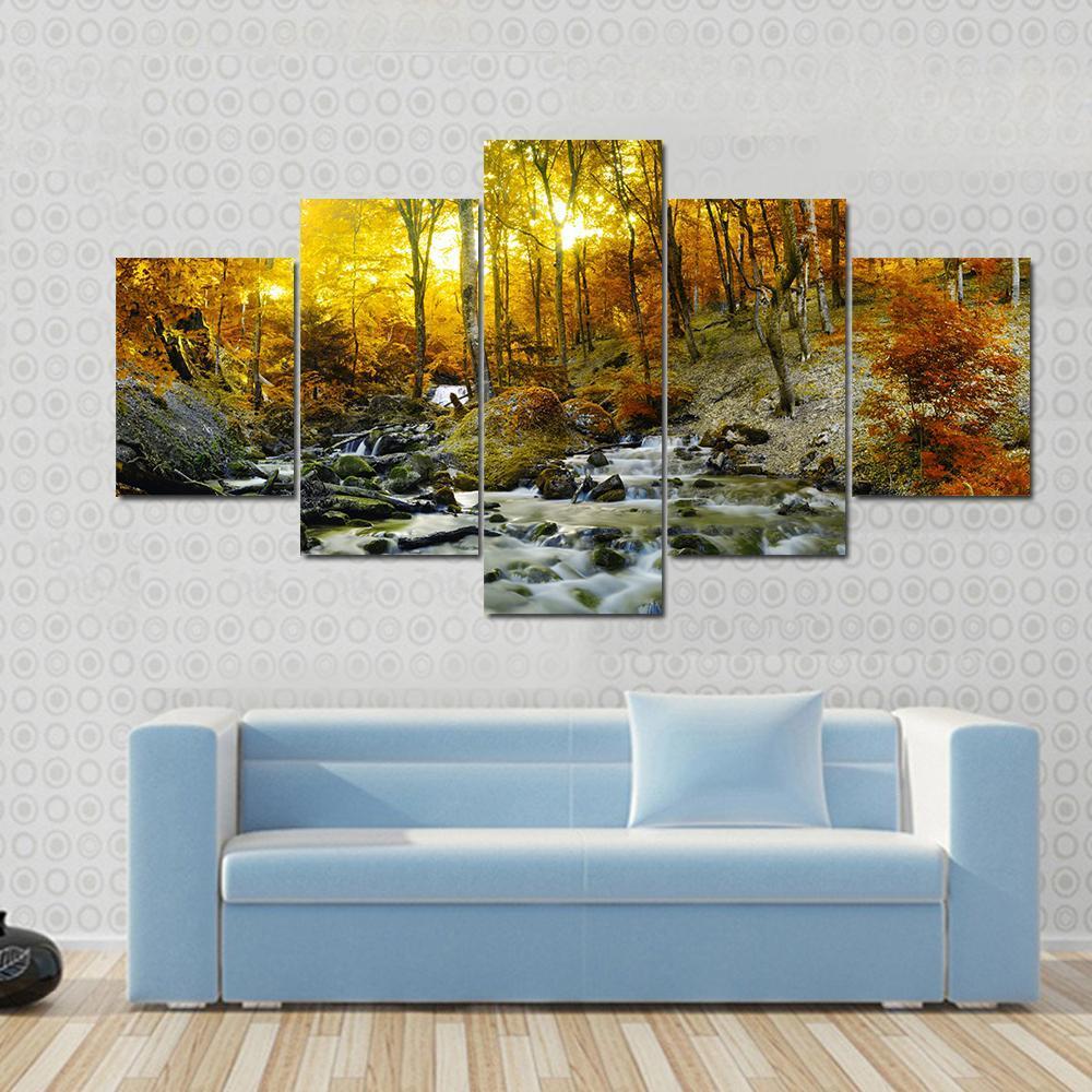 Yellow Trees Foliage And Rocks In Forest – Nature Canvas Wall Art