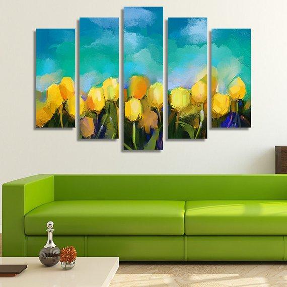 Yellow Tulip Flowers Field – Nature Canvas Wall Art