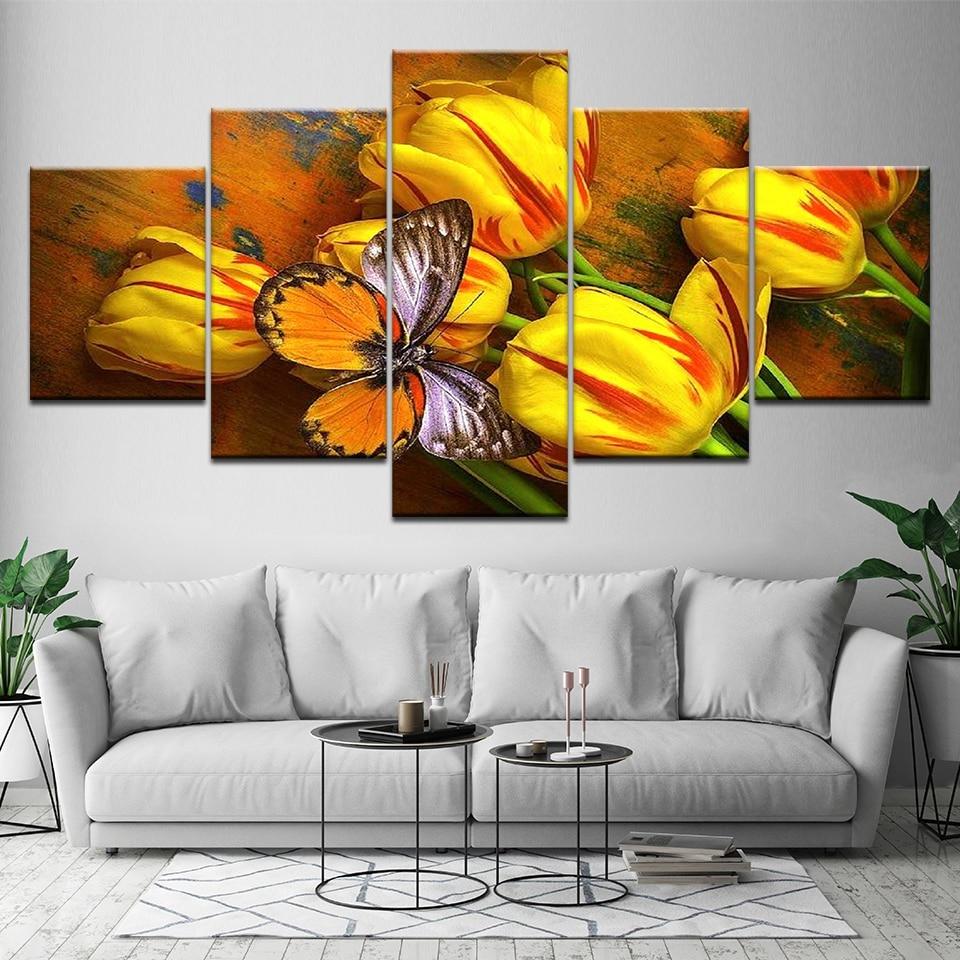 Yellow Tulips And Butterfly – Nature Canvas Wall Art
