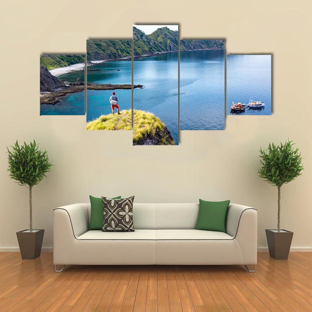 Young Hiker Standing Alone On Cliff Mountain – Nature Canvas Wall Art