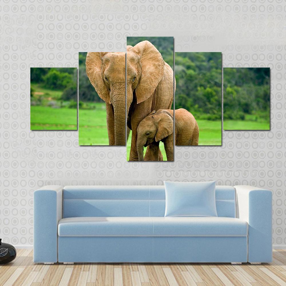Young With Adult One In Green Fields – Animal Canvas Wall Art