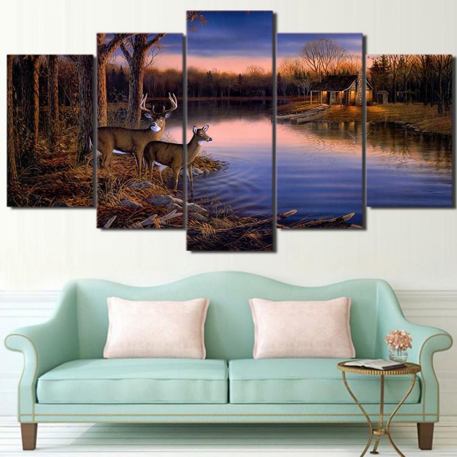 Deers By The Lake Canvas Wall Art